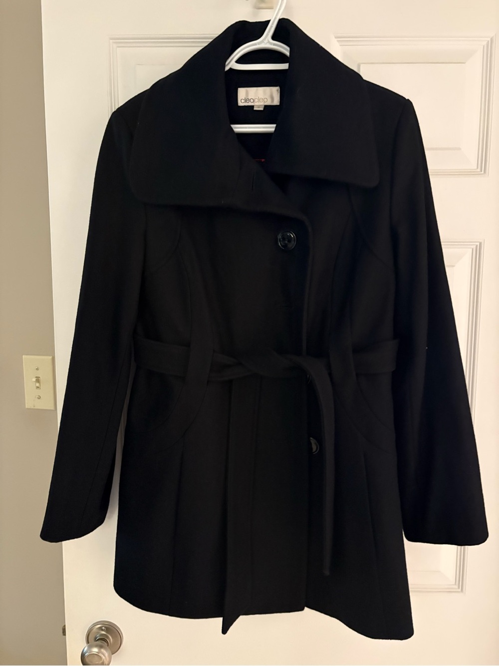 Women’s Black Belted Wool Coat with Collar